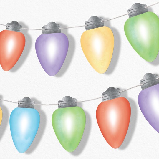 Big Dot of Happiness; Big Dot of Happiness Christmas Light Bulbs Garland Banner, Holiday Decorations Backdrop, 30 Feet of Cord, 15 Paper Xmas Lightbulb Shapes Double-Sided; Category:Banners; Image:1